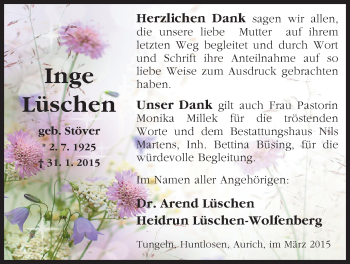 Traueranzeige von Inge Lüschen von Nordwest-Zeitung