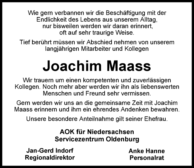  Traueranzeige für Joachim Maass vom 31.03.2015 aus Nordwest-Zeitung