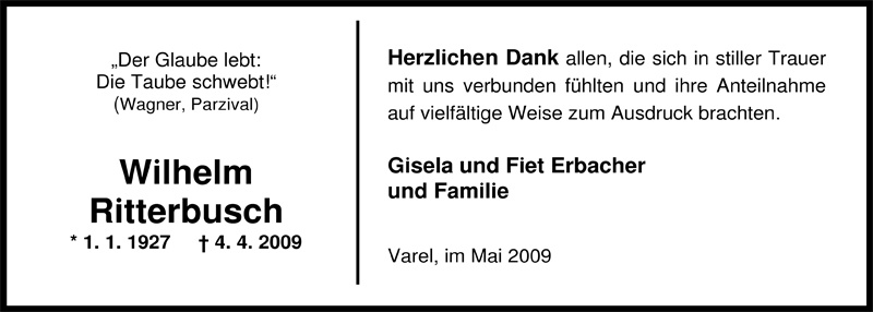 Traueranzeige für Wilhelm Ritterbusch vom 16.05.2009 aus Nordwest-Zeitung