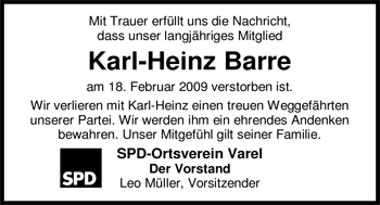 Traueranzeige von Karl-Heinz Barre von Nordwest-Zeitung