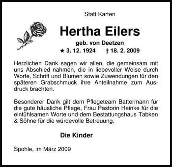 Traueranzeige von Hertha Eilers von Nordwest-Zeitung