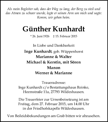 Traueranzeige von Günter Kunhardt von Nordwest-Zeitung