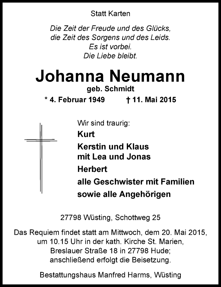  Traueranzeige für Johanna Neumann vom 16.05.2015 aus Nordwest-Zeitung