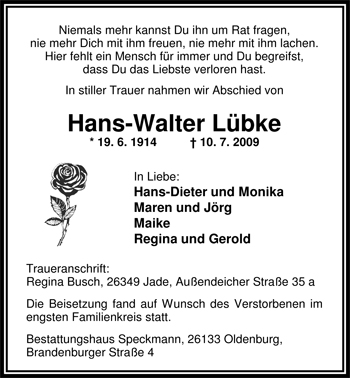 Traueranzeige von Hans-Walter Lübke von Nordwest-Zeitung