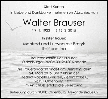 Traueranzeige von Walter Brauser von Nordwest-Zeitung