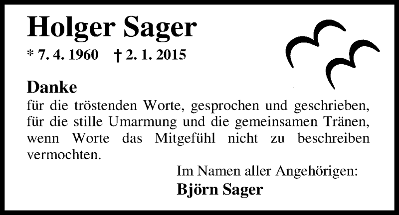 Traueranzeige für Holger Sager vom 04.04.2015 aus Nordwest-Zeitung