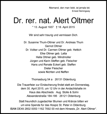 Traueranzeige von Dr. Alert Oltmer von Nordwest-Zeitung
