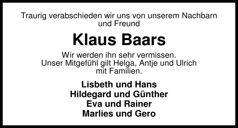  Traueranzeige für Klaus Baars vom 26.05.2009 aus Nordwest-Zeitung