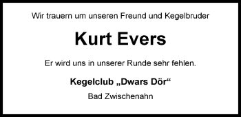 Traueranzeige von Kurt Evers von Nordwest-Zeitung