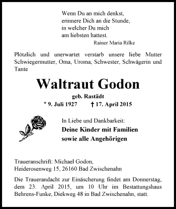 Traueranzeige von Waltraut Godon von Nordwest-Zeitung