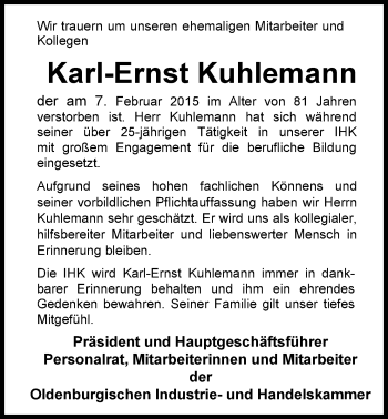 Traueranzeige von Karl-Ernst Kuhlemann von Nordwest-Zeitung