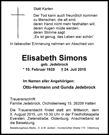 Traueranzeige von Elisabeth Simons von Nordwest-Zeitung