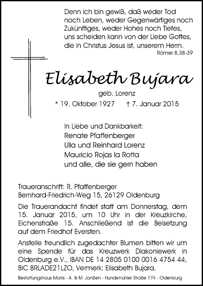  Traueranzeige für Elisabeth Bujara vom 10.01.2015 aus Nordwest-Zeitung