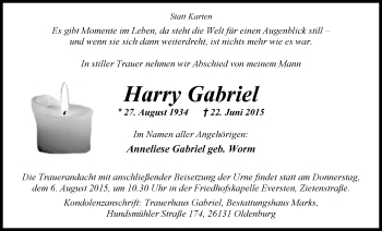Traueranzeige von Harry Gabriel von Nordwest-Zeitung