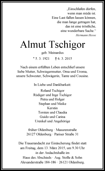 Traueranzeige von Almut Tschigor von Nordwest-Zeitung