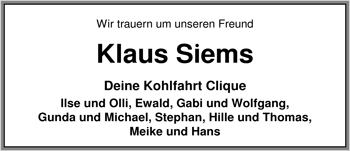 Traueranzeige von Klaus Siems von Nordwest-Zeitung