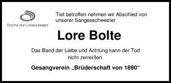 Traueranzeige von Lore Bolte von Nordwest-Zeitung