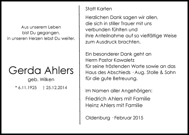  Traueranzeige für Gerda Ahlers vom 28.02.2015 aus Nordwest-Zeitung