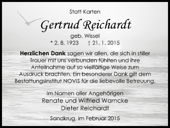 Traueranzeige von Gertrud Reichardt von Nordwest-Zeitung
