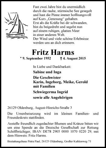 Traueranzeige von Fritz Harms von Nordwest-Zeitung