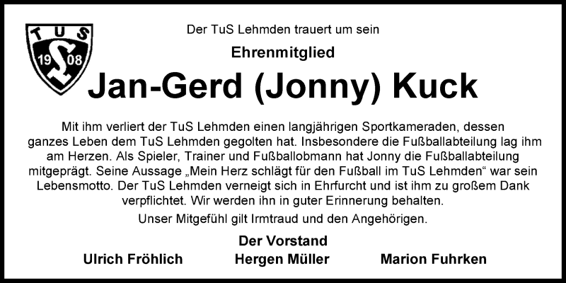  Traueranzeige für Jan-Gerd Kuck vom 06.02.2015 aus Nordwest-Zeitung