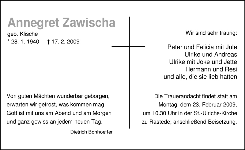 Traueranzeige für Annegret Zawischa vom 19.02.2009 aus Nordwest-Zeitung