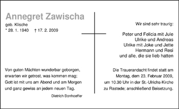Traueranzeige von Annegret Zawischa von Nordwest-Zeitung
