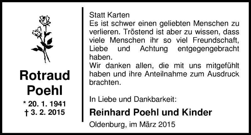  Traueranzeige für Rotraud Poehl vom 07.03.2015 aus Nordwest-Zeitung