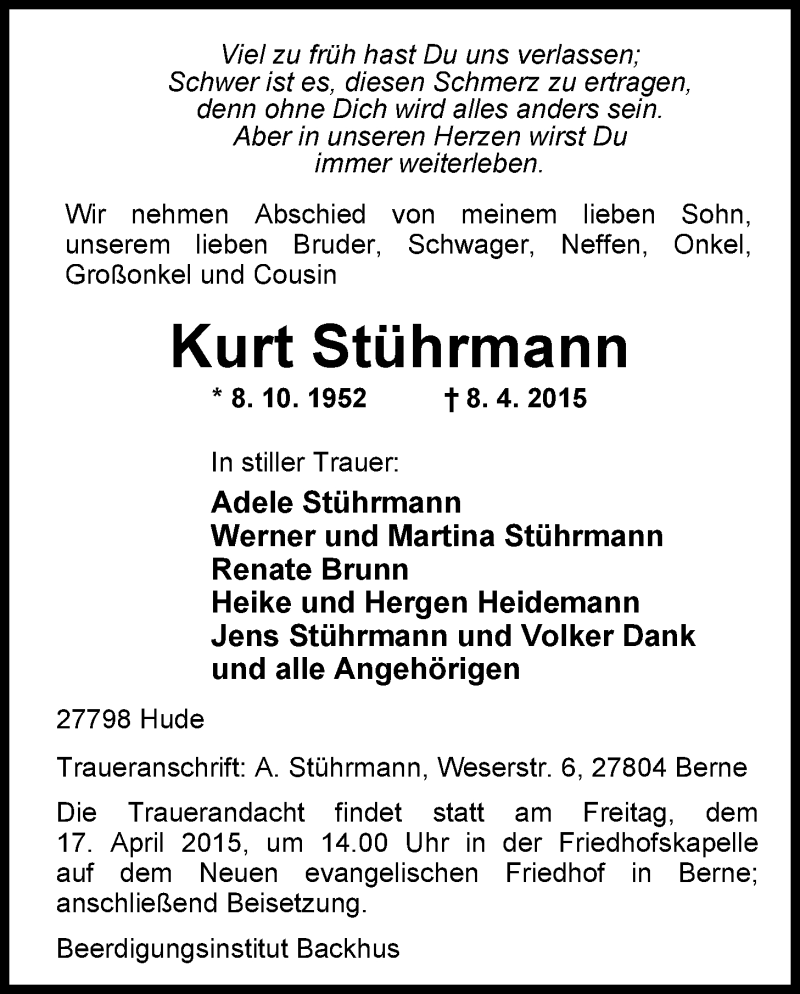  Traueranzeige für Kurt Stührmann vom 10.04.2015 aus Nordwest-Zeitung