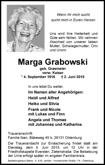 Traueranzeige von Marga Grabowski von Nordwest-Zeitung