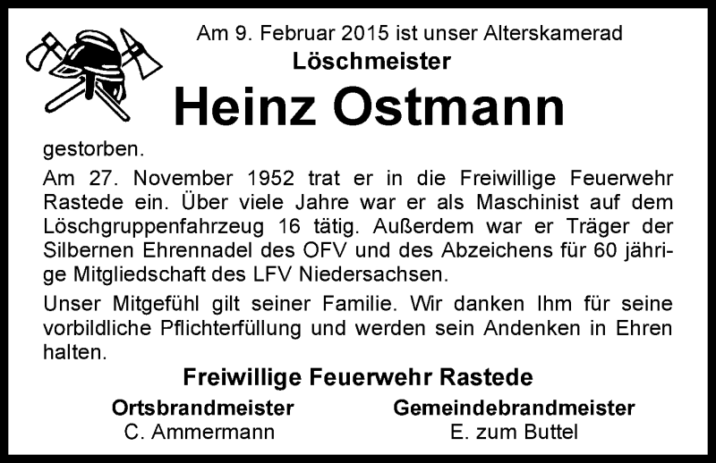  Traueranzeige für Heinz Ostmann vom 11.02.2015 aus Nordwest-Zeitung