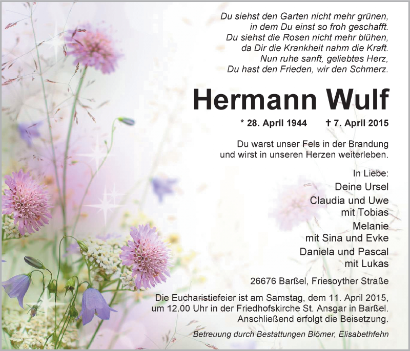  Traueranzeige für Hermann Wulf vom 09.04.2015 aus Nordwest-Zeitung