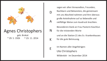 Traueranzeige von Agnes Christophers von Nordwest-Zeitung