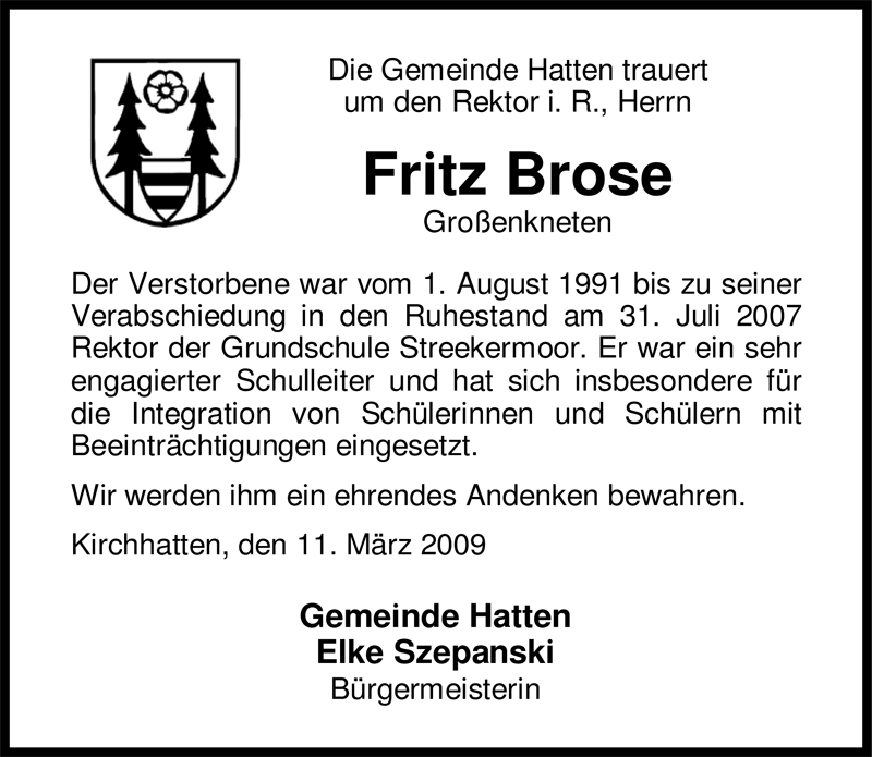  Traueranzeige für Fritz Brose vom 12.03.2009 aus Nordwest-Zeitung
