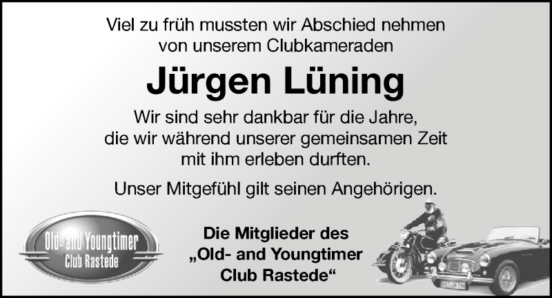  Traueranzeige für Jürgen Lüning vom 09.01.2015 aus Nordwest-Zeitung