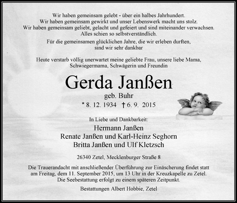  Traueranzeige für Gerda Janßen vom 09.09.2015 aus Nordwest-Zeitung