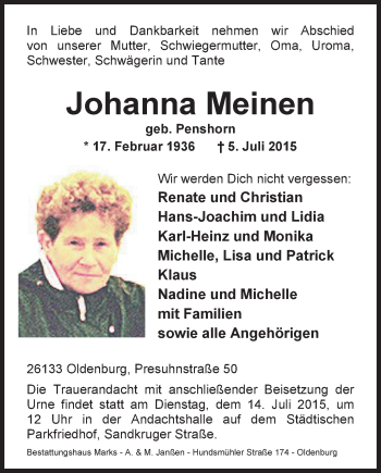 Traueranzeige von Johanna Meinen von Nordwest-Zeitung