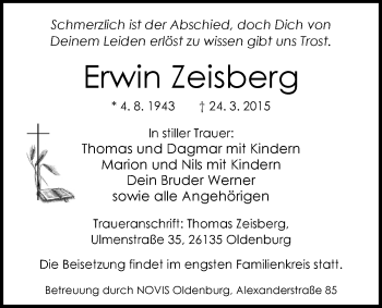 Traueranzeige von Erwin Zeisberg von Nordwest-Zeitung