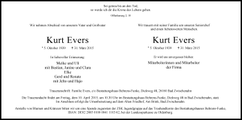 Traueranzeige von Kurt Evers von Nordwest-Zeitung