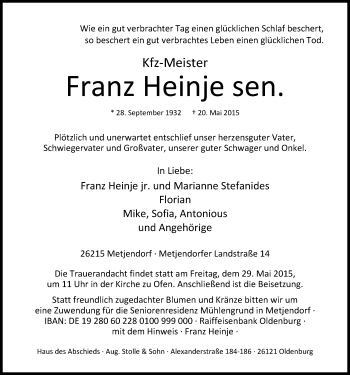 Traueranzeige von Franz Heinje von Nordwest-Zeitung