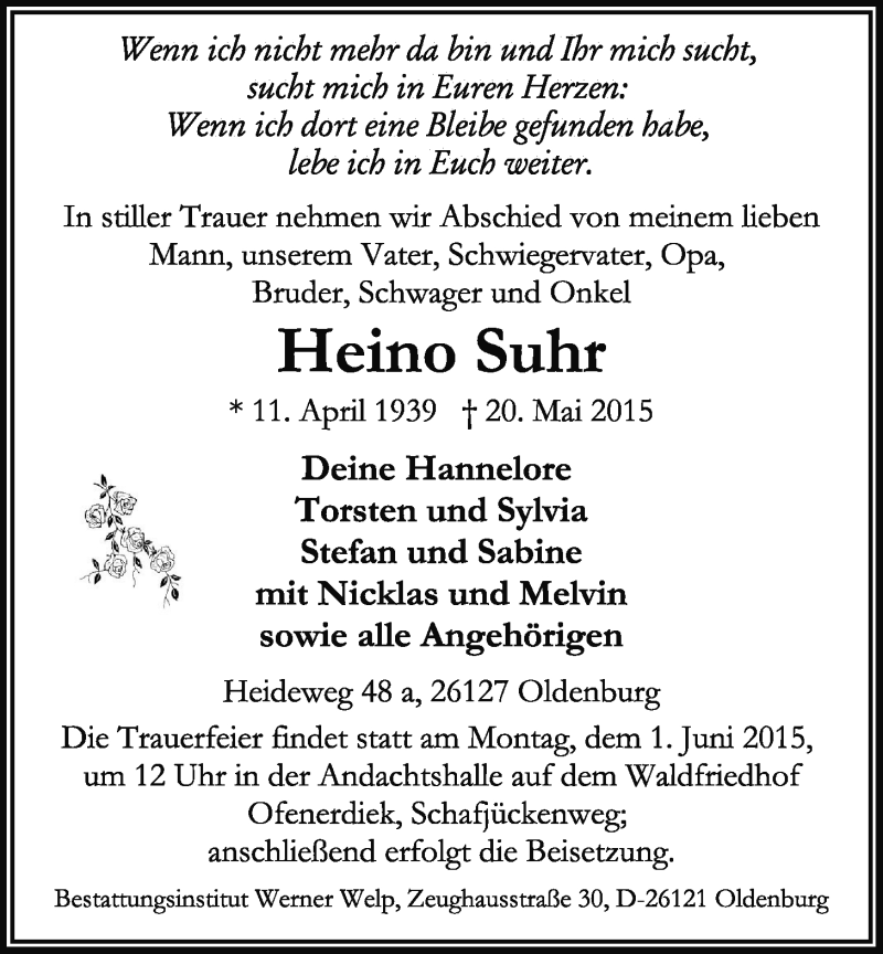  Traueranzeige für Heino Suhr vom 23.05.2015 aus Nordwest-Zeitung