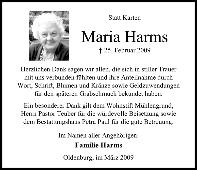  Traueranzeige für Maria Harms vom 28.03.2009 aus Nordwest-Zeitung