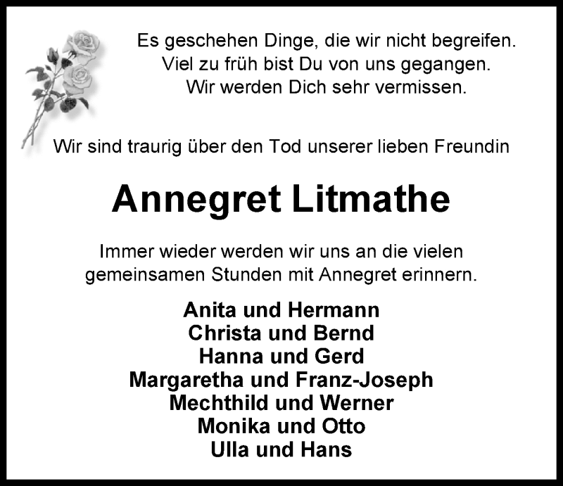  Traueranzeige für Annegret Litmathe vom 18.06.2015 aus Nordwest-Zeitung
