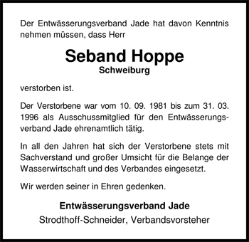 Traueranzeige von Seband Hoppe von Nordwest-Zeitung