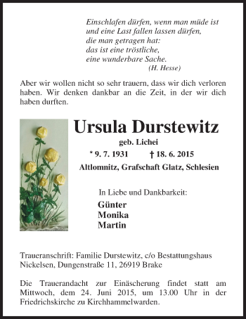 Traueranzeige von Ursula Durstewitz von Nordwest-Zeitung