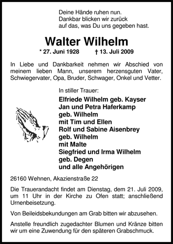 Traueranzeige von Walter Wilhelm von Nordwest-Zeitung