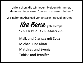 Traueranzeige von Ilse Bosse von Nordwest-Zeitung