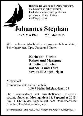 Traueranzeige von Johannes Stephan von Nordwest-Zeitung