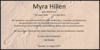 Traueranzeige von Myra Hillen von Nordwest-Zeitung