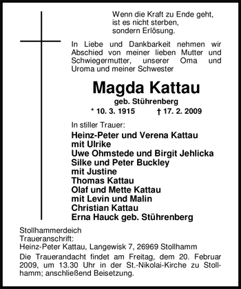 Traueranzeige von Magda Kattau von Nordwest-Zeitung